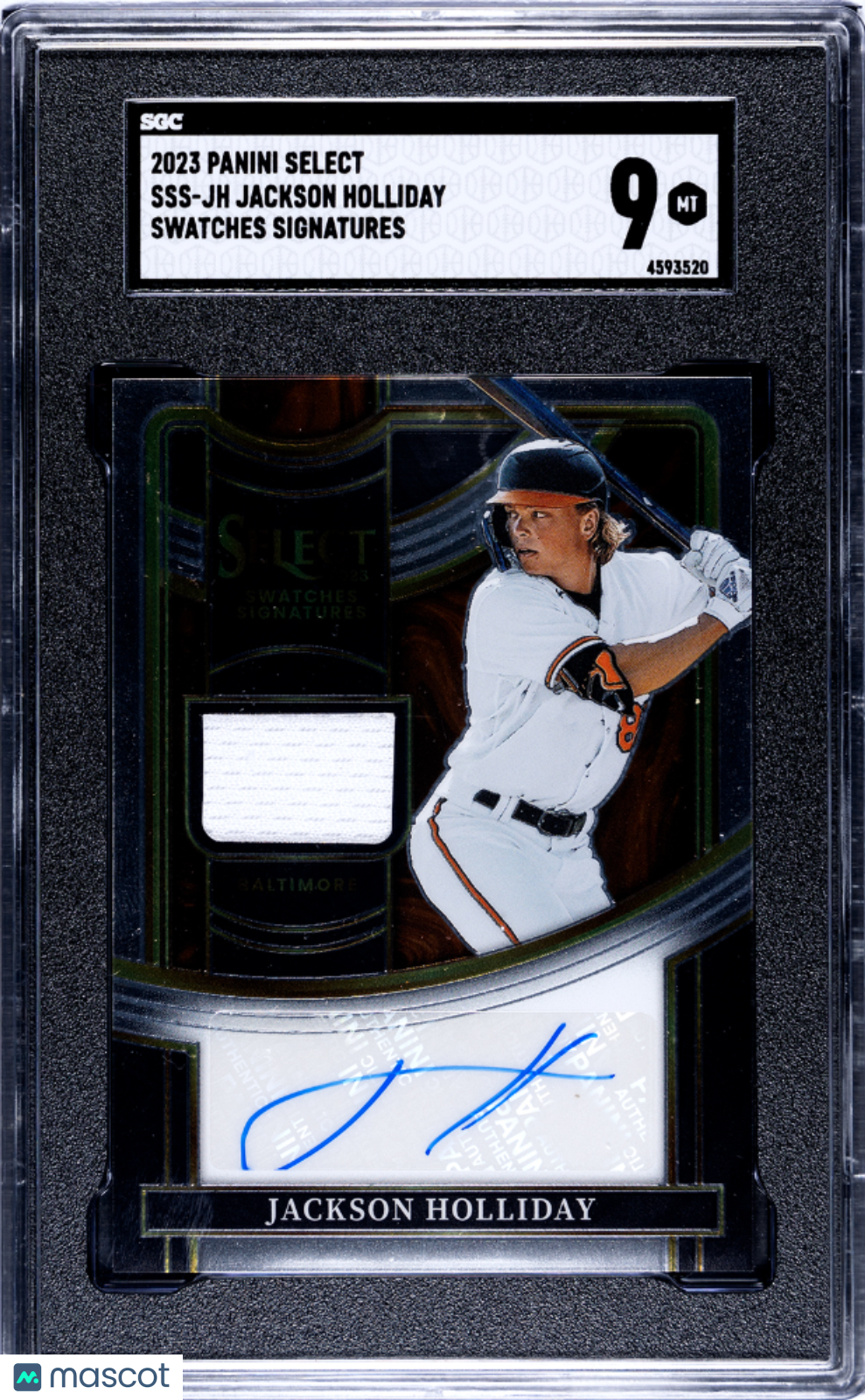 2023 Panini Select Jackson Holliday #SSS-JH Swatches Sigs. SGC 9