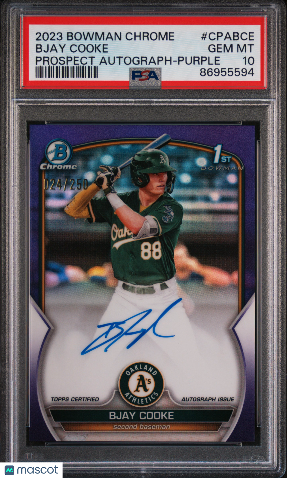 2023 Bowman Chrome Prospect Auto Bjay Cooke #CPABCE Purple Ref 024/250 PSA 10