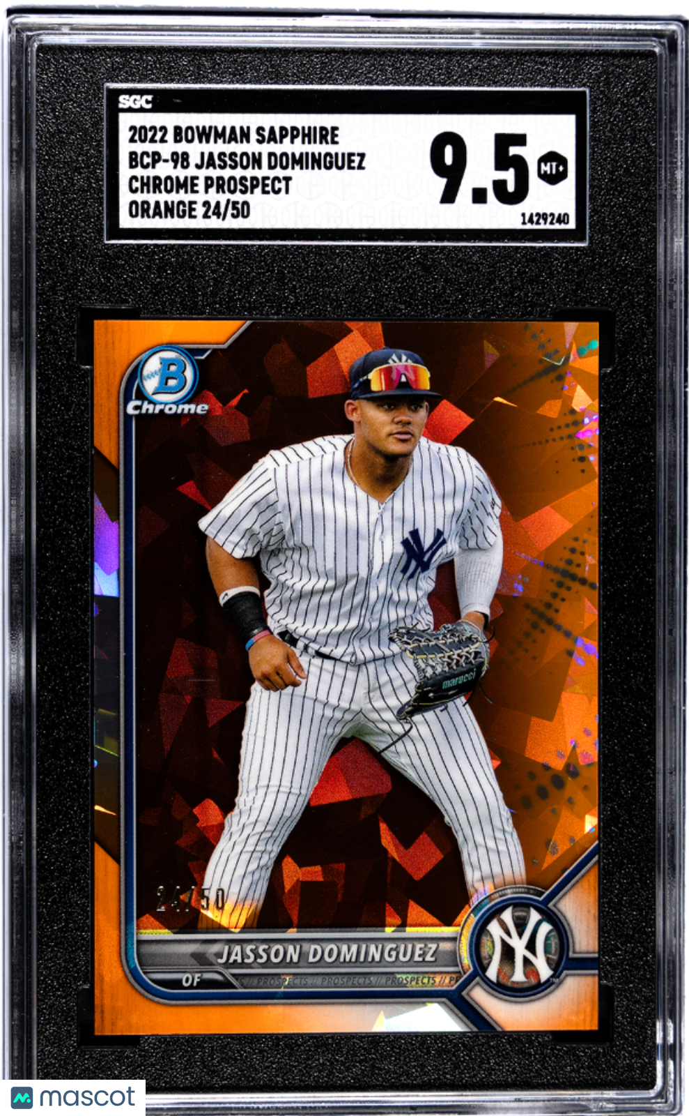 2022 Bowman Sapphire Jasson Dominguez #BCP-98 CHR. Pros. Orange SGC 9.5
