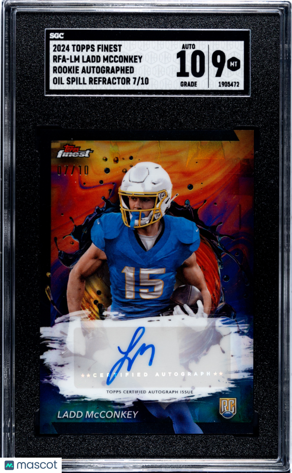 2024 Topps Finest Ladd Mcconkey #RFA-LM Rookie Oil Spill Refractor SGC 9 Auto 10