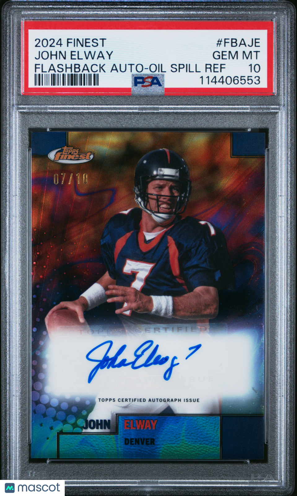 2024 Topps Finest Flashback Auto John Elway #FBAJE Oil Spill Ref 07/10 PSA 10