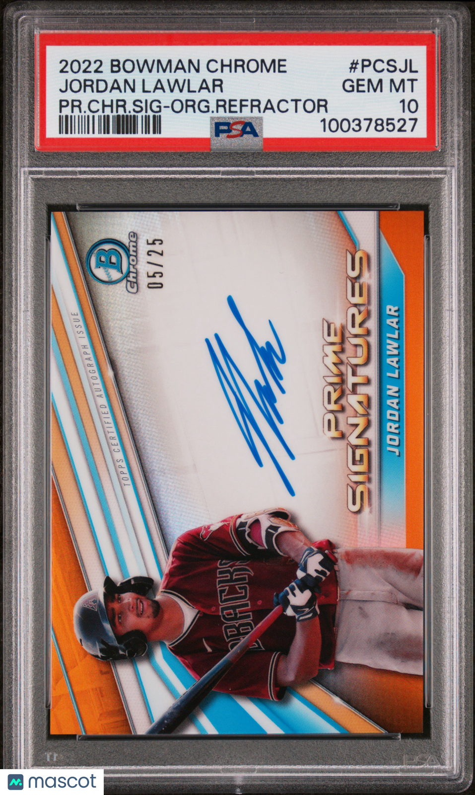 2022 Bowman Chrome  Jordan Lawlar #PCSJL PR. CHR. SIG Org. Refractor /25 PSA 10