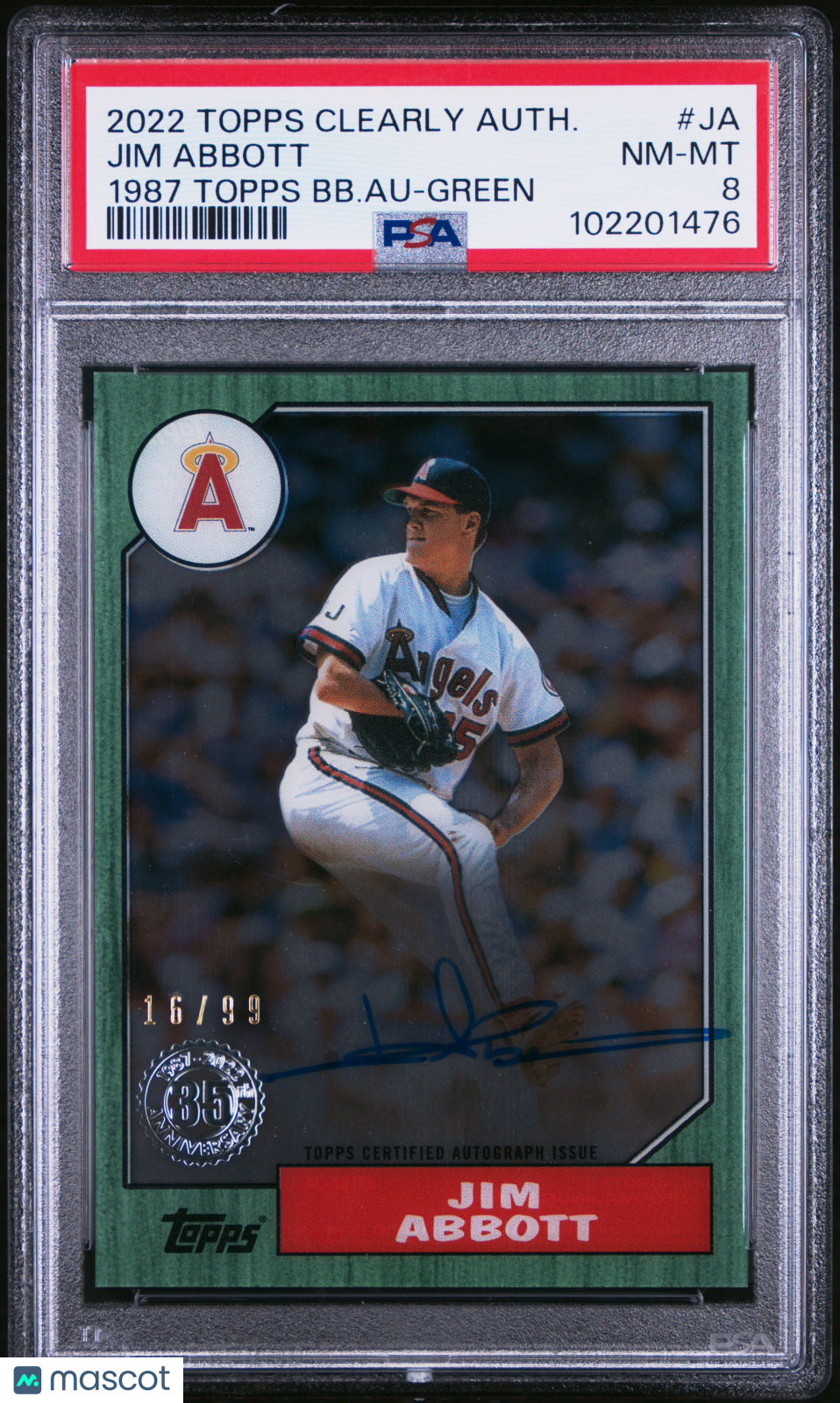 2022 Topps Clearly 1987 Topps  Auto Jim Abbott #JA BB. Au Green / 99 PSA