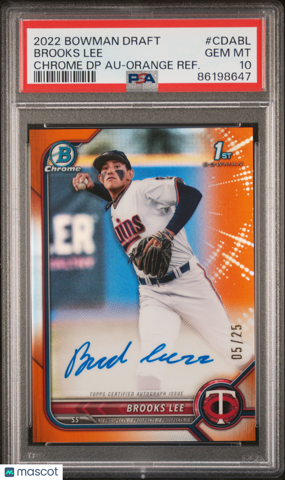 2022 Bowman Draft Chrome  Pick Auto Brooks Lee #CDABL DP Orange Refractor PSA 10