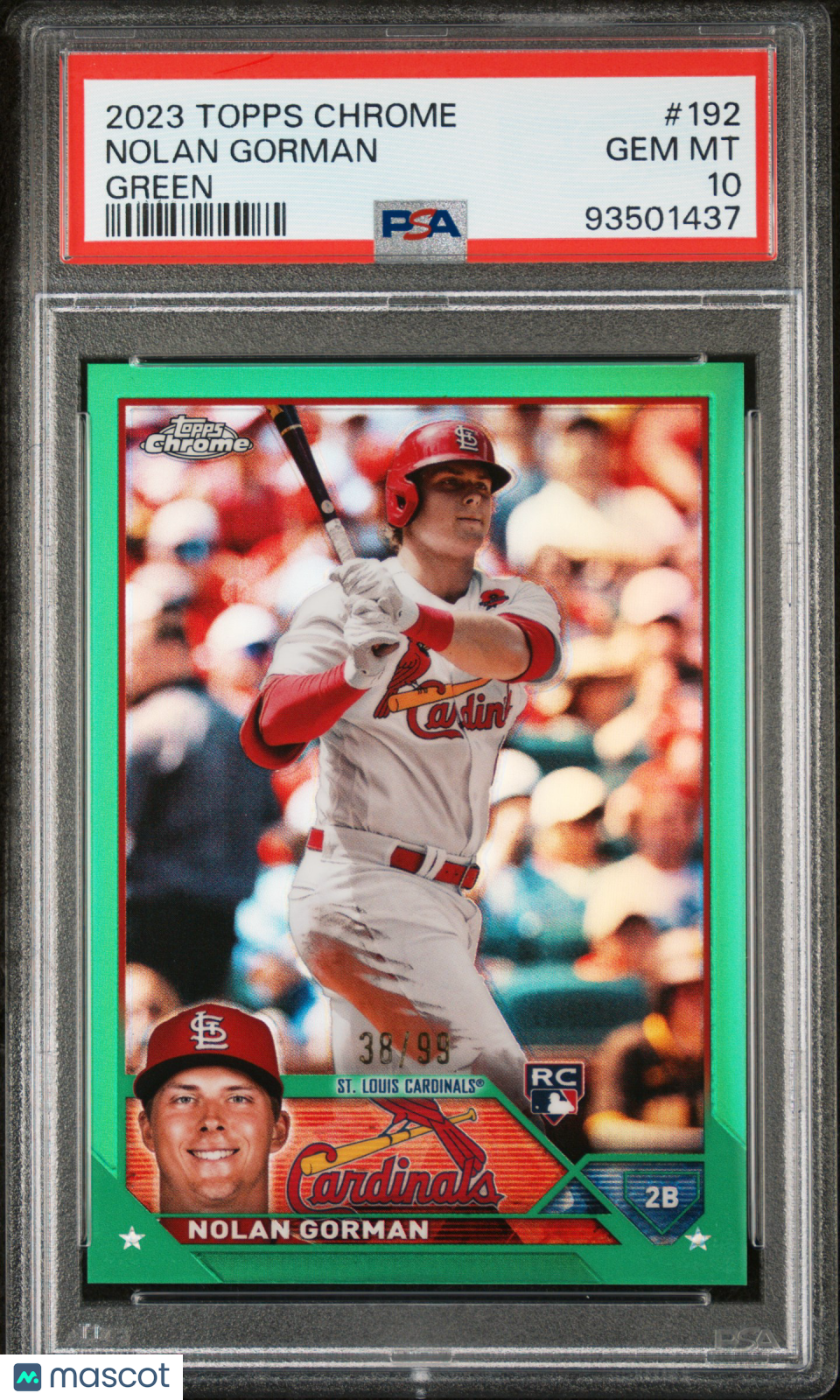 2023 Topps Chrome Nolan Gorman #192 Green Refractor 38/99 PSA 10