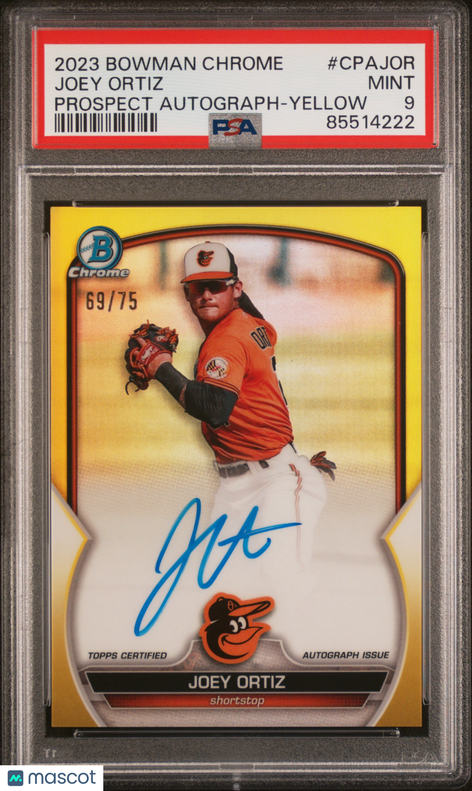 2023 Bowman Chrome Prospect Auto Joey Ortiz #CPAJOR Yellow Ref /75 PSA 9