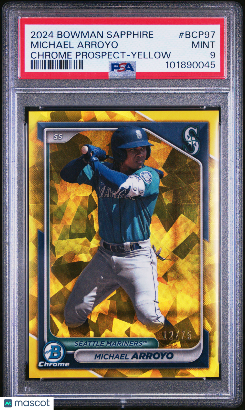2024 Bowman Sapphire Chrome Prospects Michael Arroyo #BCP97 Yellow 12/75 PSA 9