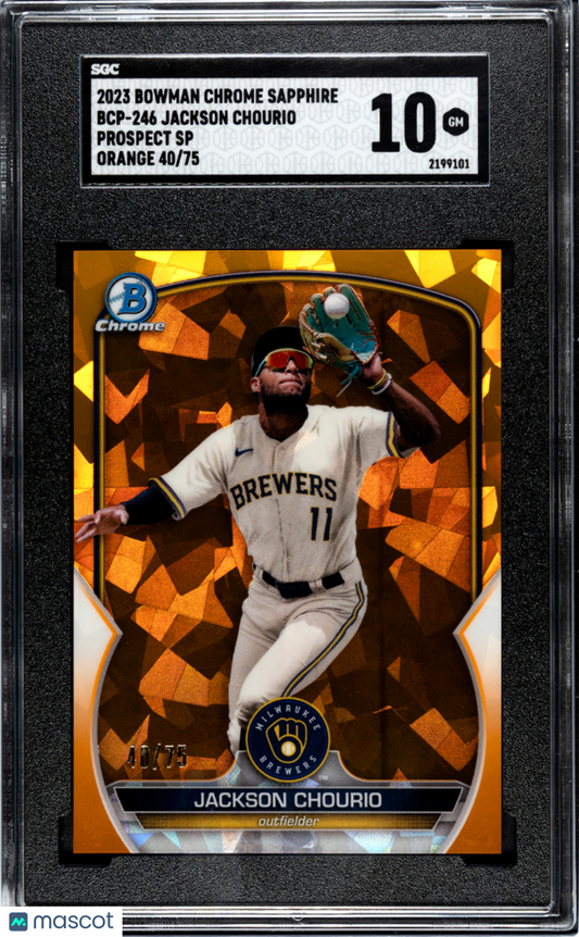 2023 Bowman Sapphire Jackson Chourio #BCP-246 CHR. Pros. Var. Orange SGC 10