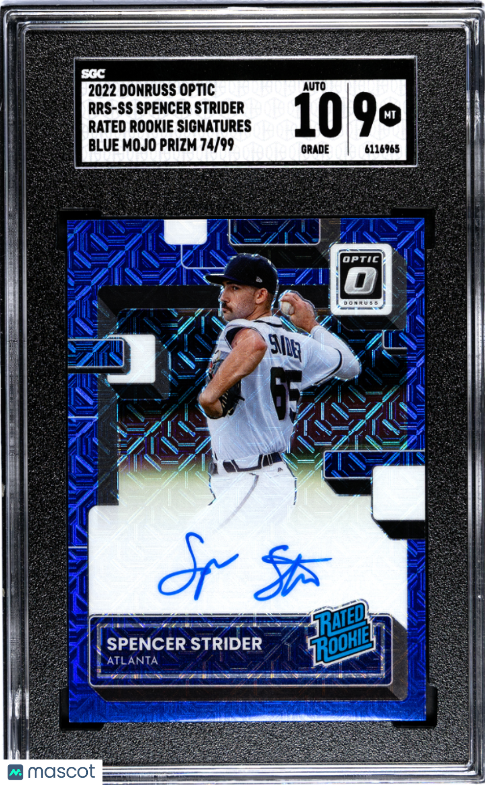 2022 Optic Spencer Strider #RRS-SS Rated Rookie Blue Mojo Prizm SGC Auto 10