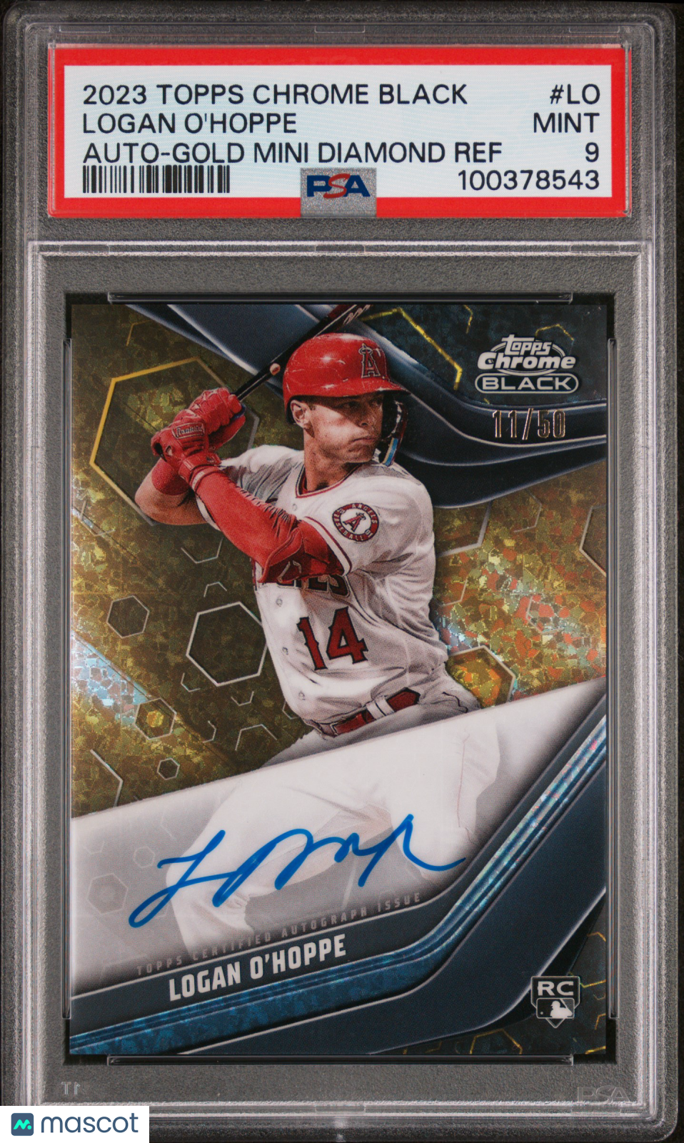 2023 Topps Chrome Black Auto Logan O'hoppe #LO Gold Mini Diamond Ref /50 PSA 9
