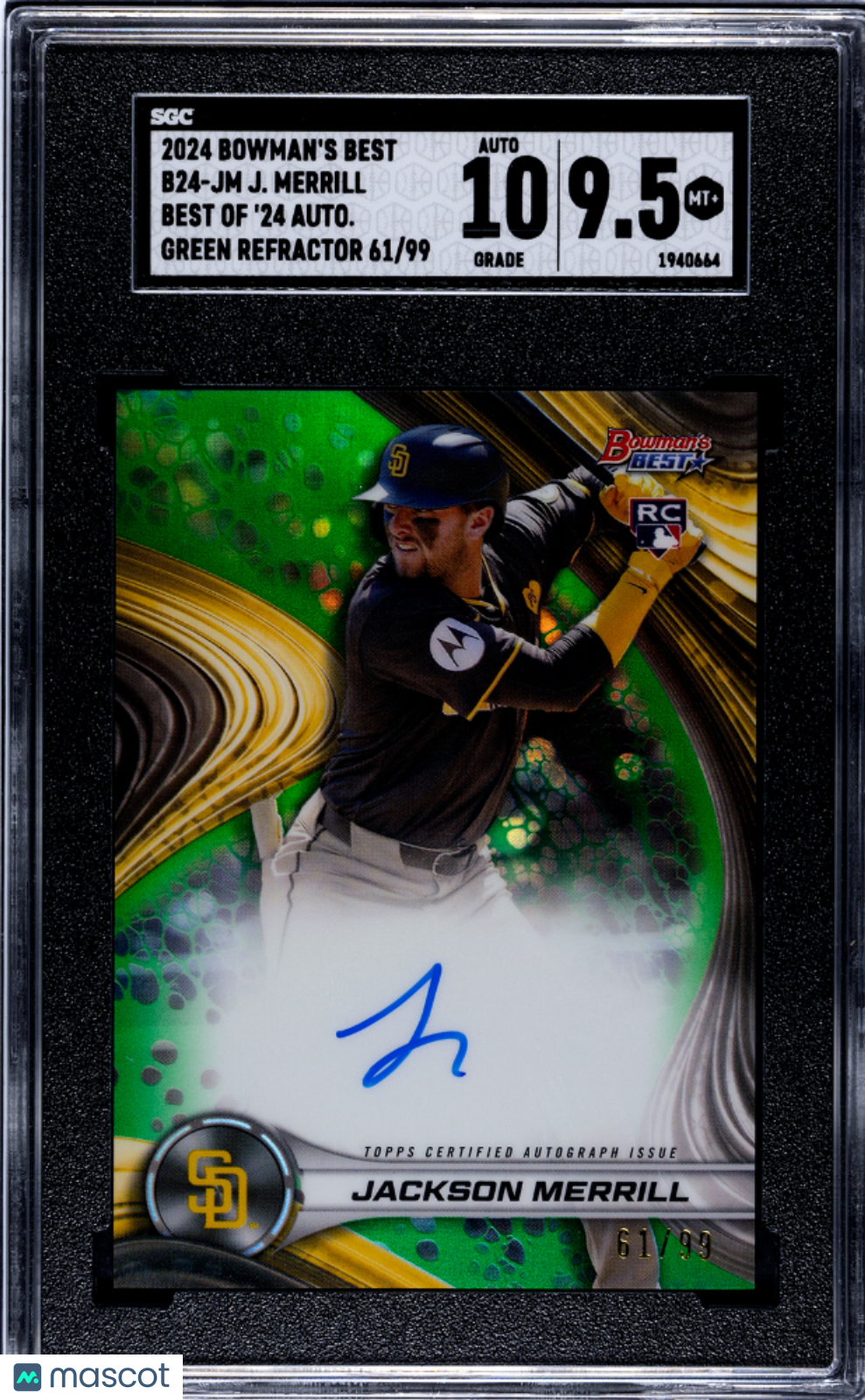2024 Bowman's Best Jackson Merrill #B24-JM  Green Refractor SGC 9.5 Auto 10
