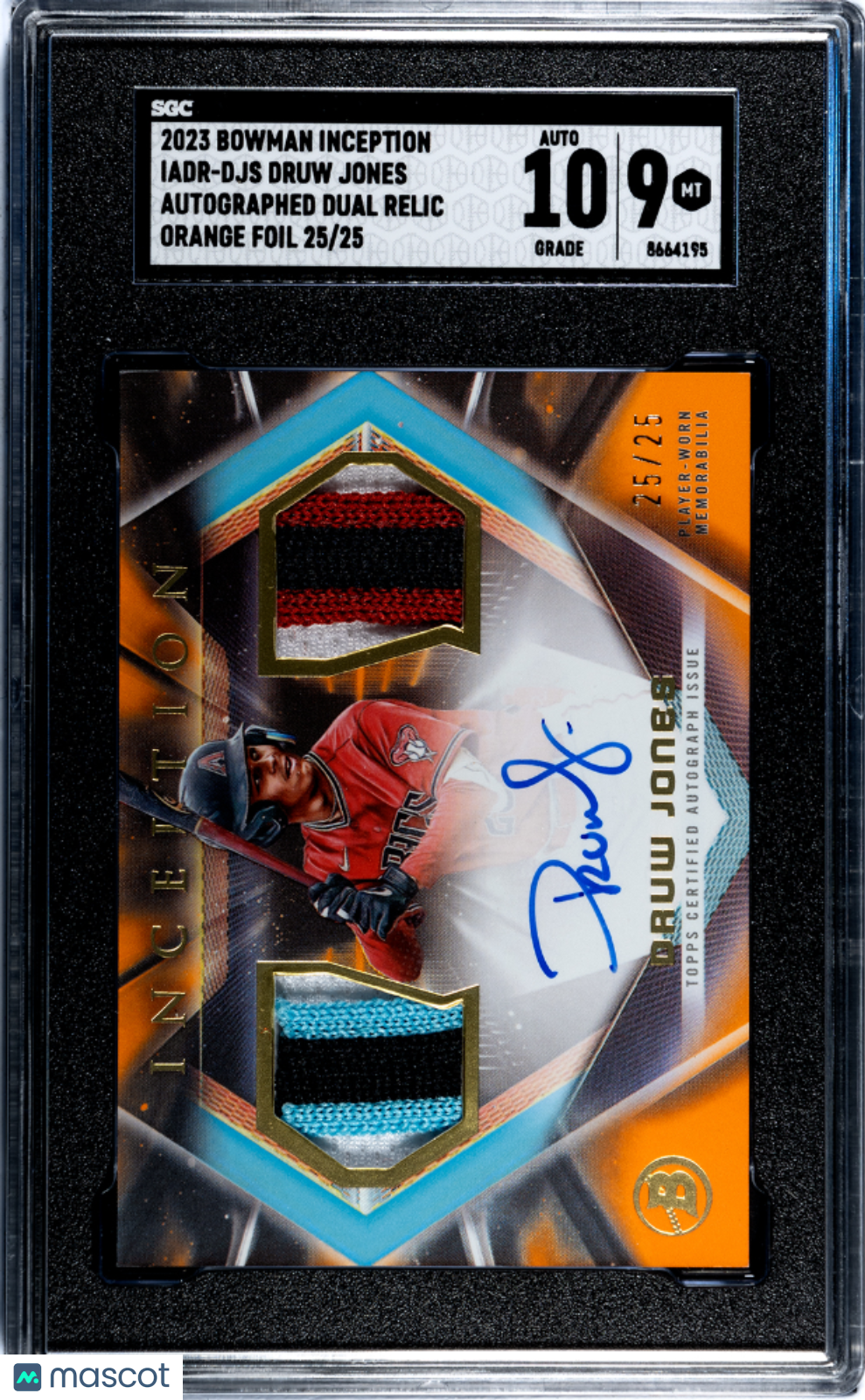 2023 Bowman Inception Druw Jones #IADR-DJS Dual Relic Orange Foil SGC 9 Auto 10