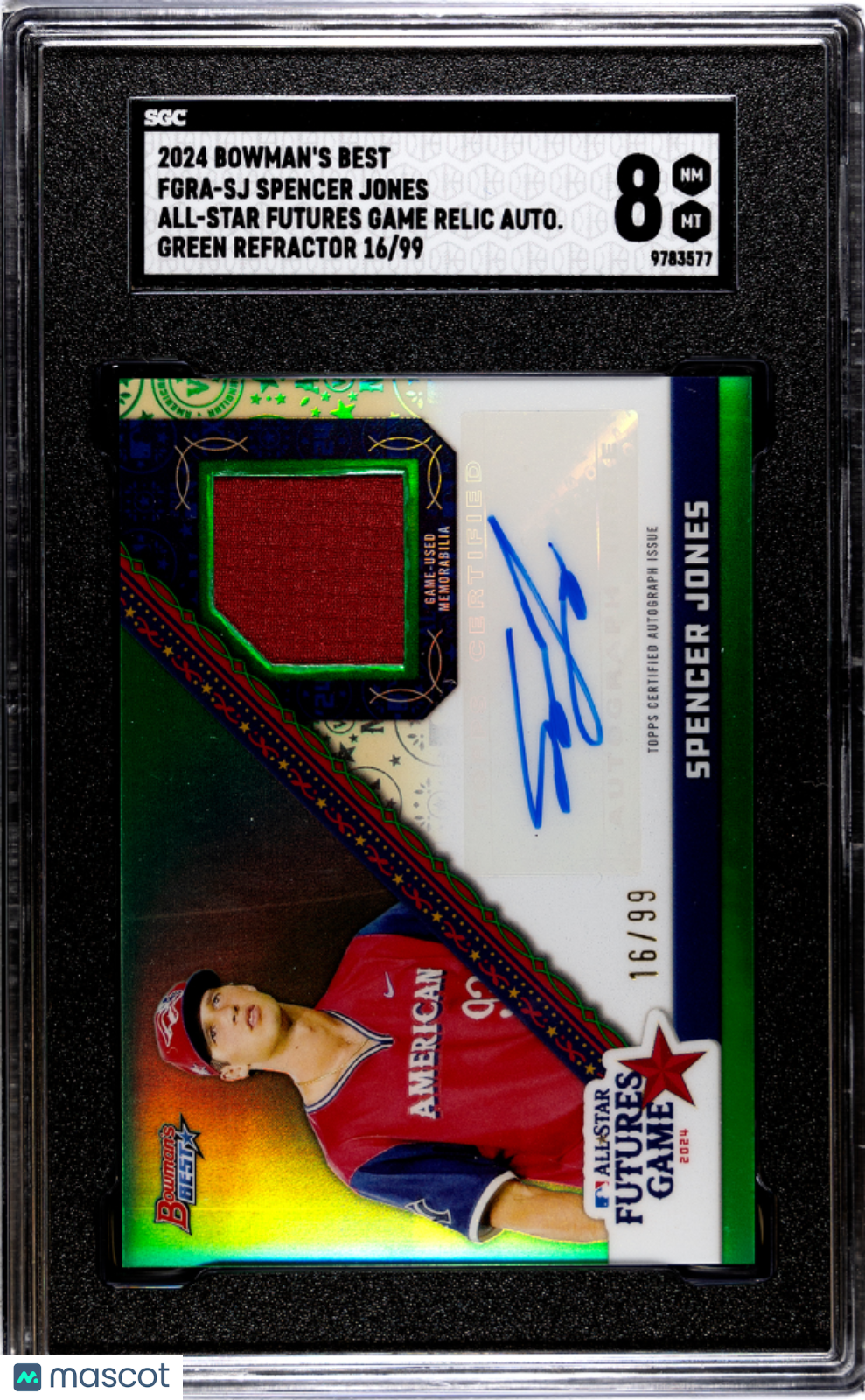 2024 Bowman's Best Spencer Jones #FGRA-SJ All Star Relic Green Refractor SGC 8