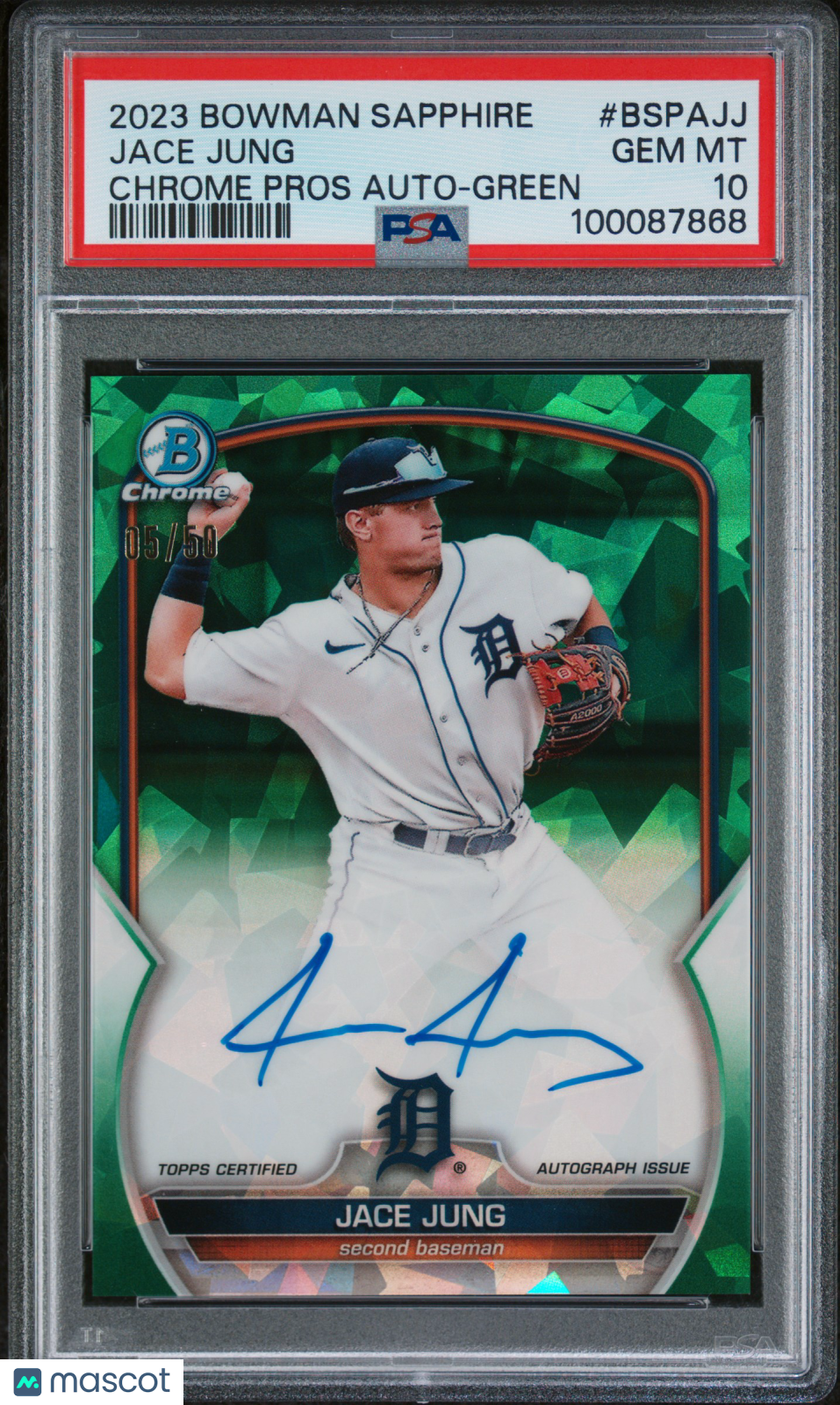 2023 Bowman Sapphire Edition Prospects Auto Jace Jung #BSPAJJ Green /50 PSA 10