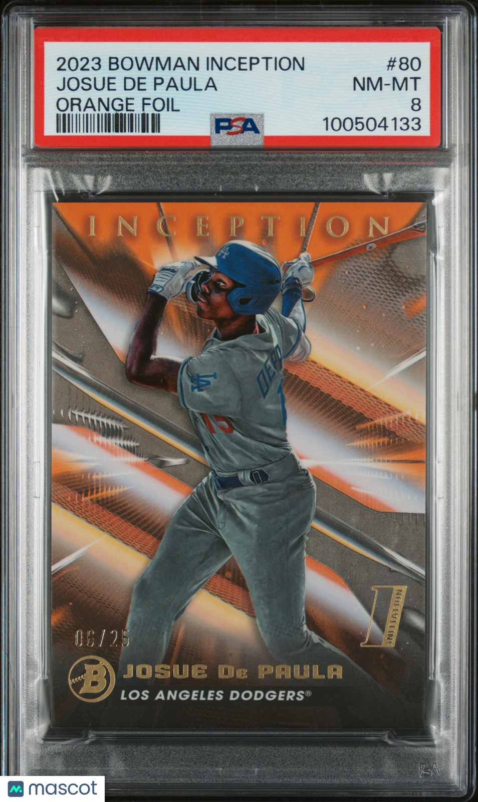 2023 Bowman Inception Josue De Paula #80 Orange Foil 06/25 PSA 8