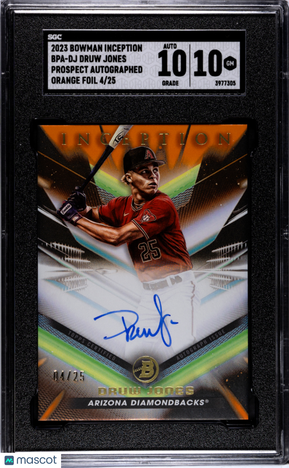 2023 Bowman Inception Druw Jones #BPA-DJ Prospect Orange Foil SGC 10 Auto 10