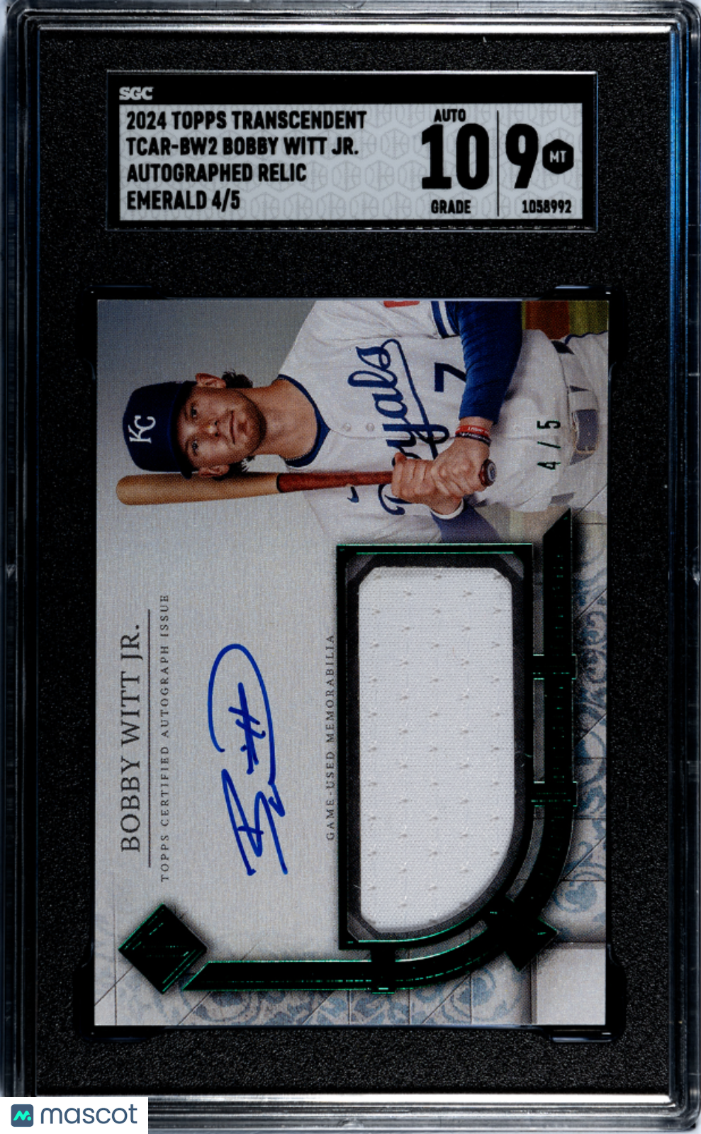 2024 Topps Transcendent Bobby Witt JR. #TCAR-BW2 Auto Relic /10 SGC 9 Auto 10