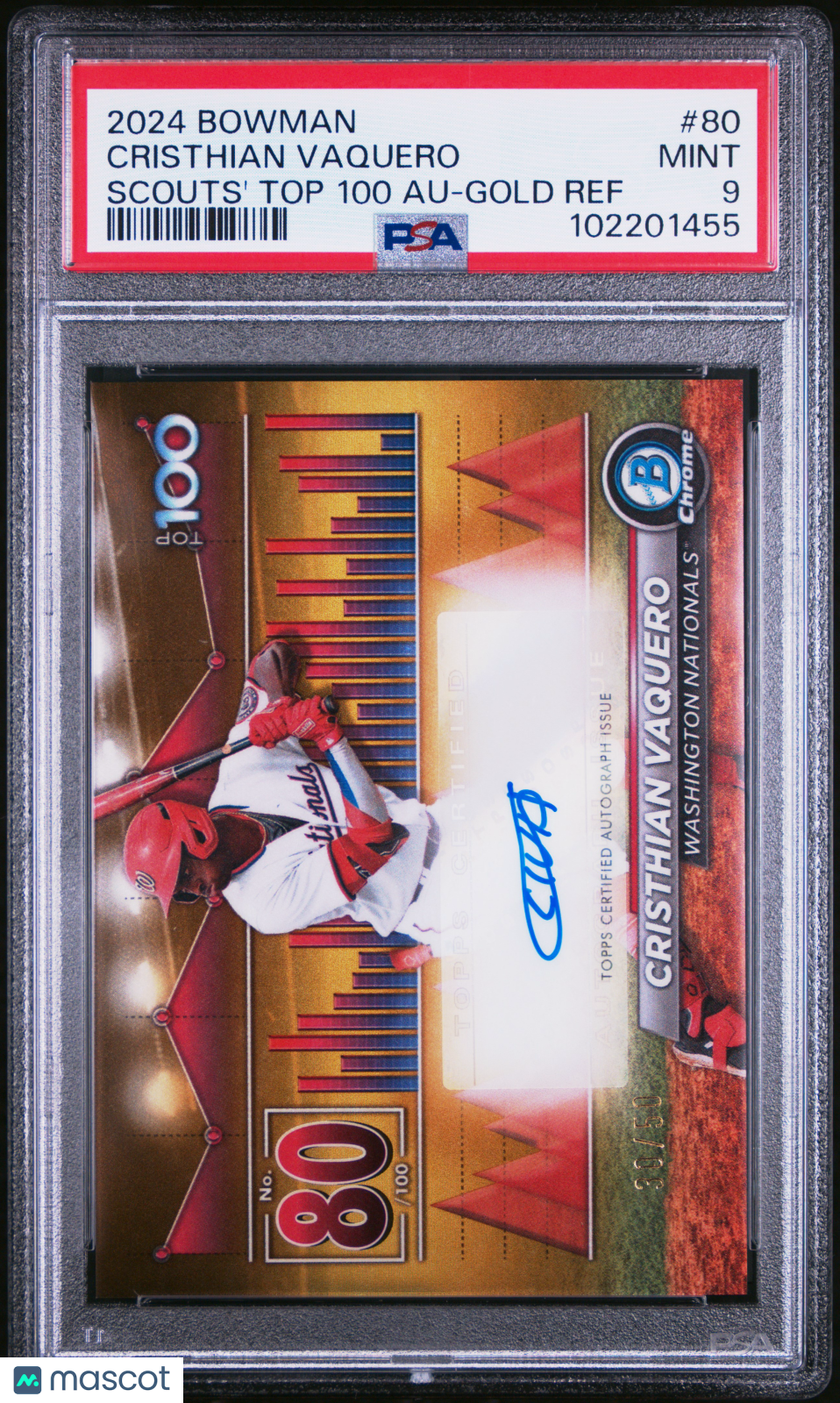 2024 Bowman Bowman Scouts' Top 100 Auto Cristhian Vaquero #80 Gold /100 PSA