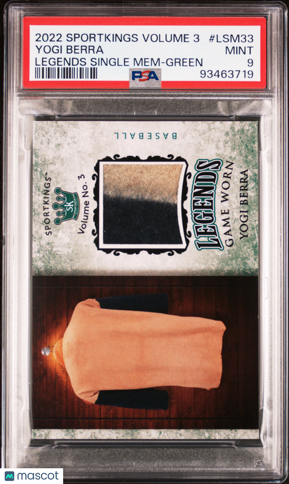 2022 Sportkings 3 Legends Single Memorabilia Yogi Berra #LSM33 Green PSA 9