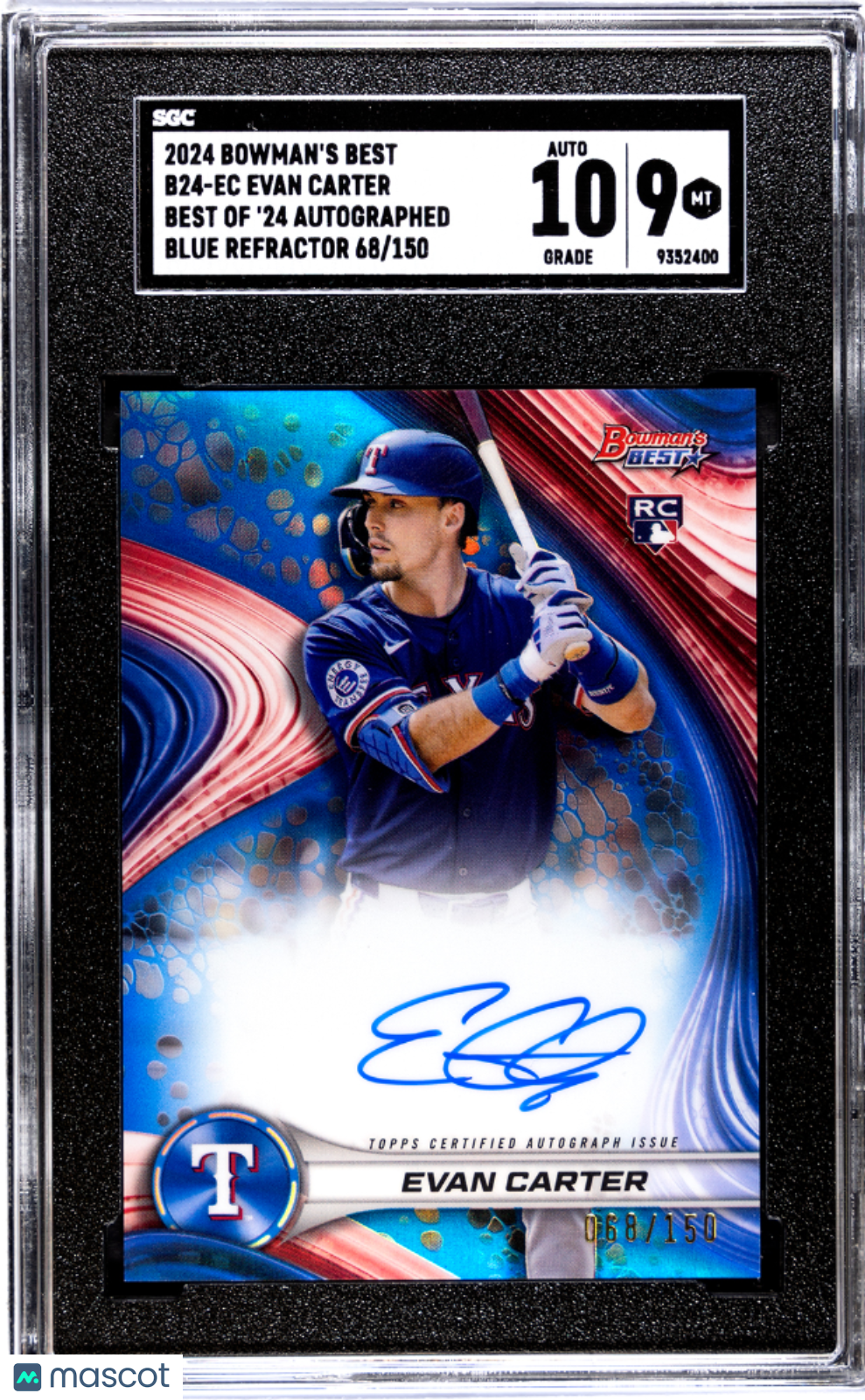 2024 Bowman's Best Evan Carter #B24-EC Of '24 Blue Refractor SGC 9 Auto 10