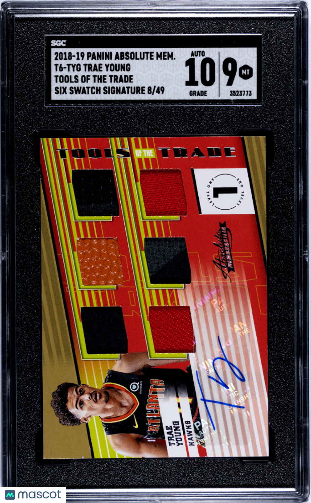 2018 Panini Absolute Memo Trae Young #T6-TYG Trade Six Swatch SCG Auto 10