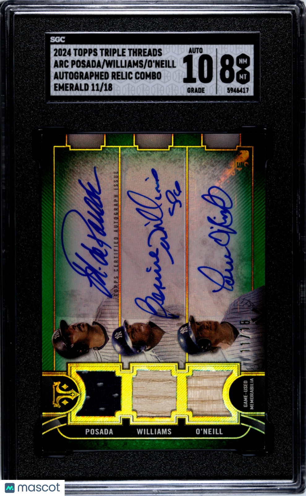 2024 Topps Triple  Williams O'neill Posada Relic Combo Emerald SGC 8 Auto 10