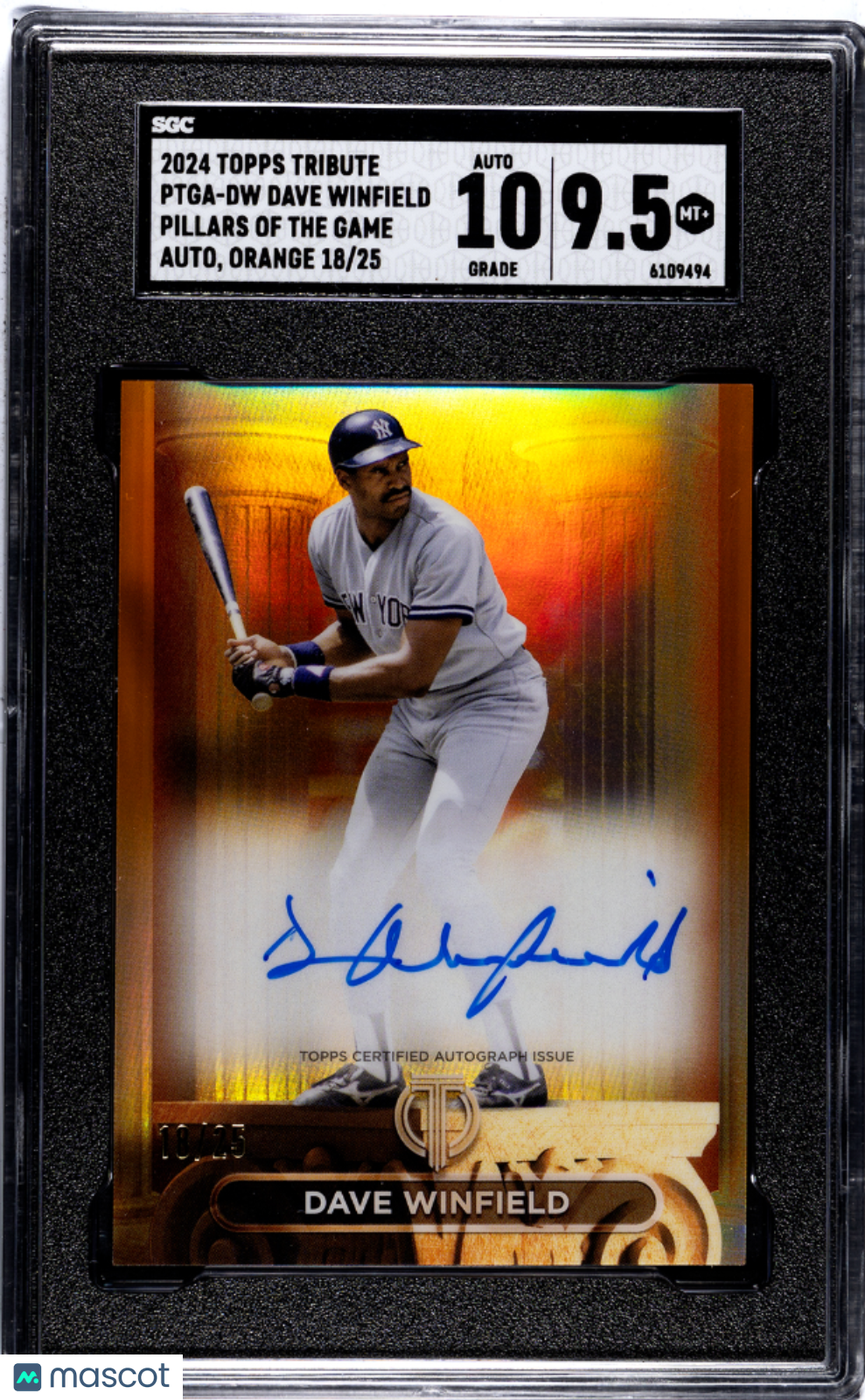 2024 Topps Tribute Dave Winfield #PTGA-DW Pillars Orange SGC 9.5 Auto 10