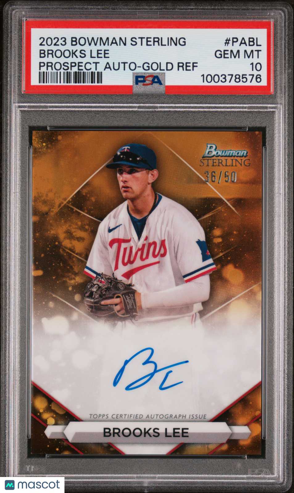 2023 Bowman Sterling Prospect Autographs Brooks Lee #PABL Gold Ref 36/50 PSA 10