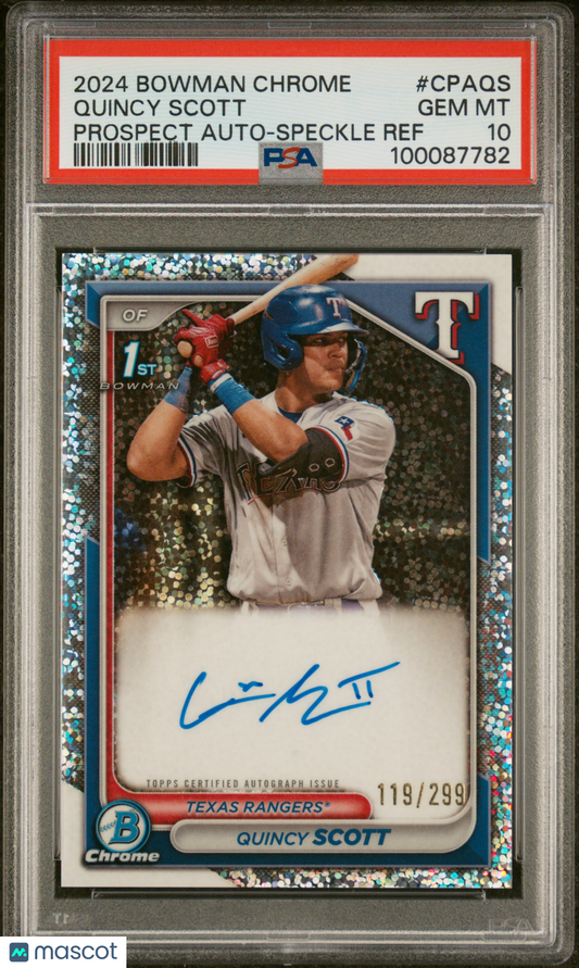 2024 Bowman Chrome Prospect Auto Quincy Scott #CPAQS Speckle Ref /299 PSA 10