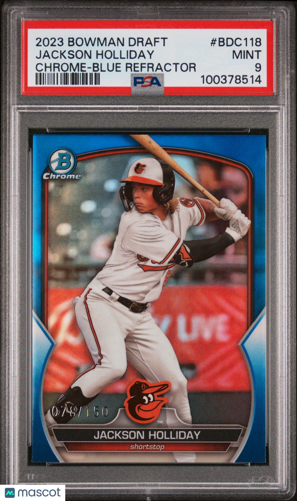 2023 Bowman Draft Jackson Holliday #BDC118 Chrome Blue Refractor 078/150 PSA 9