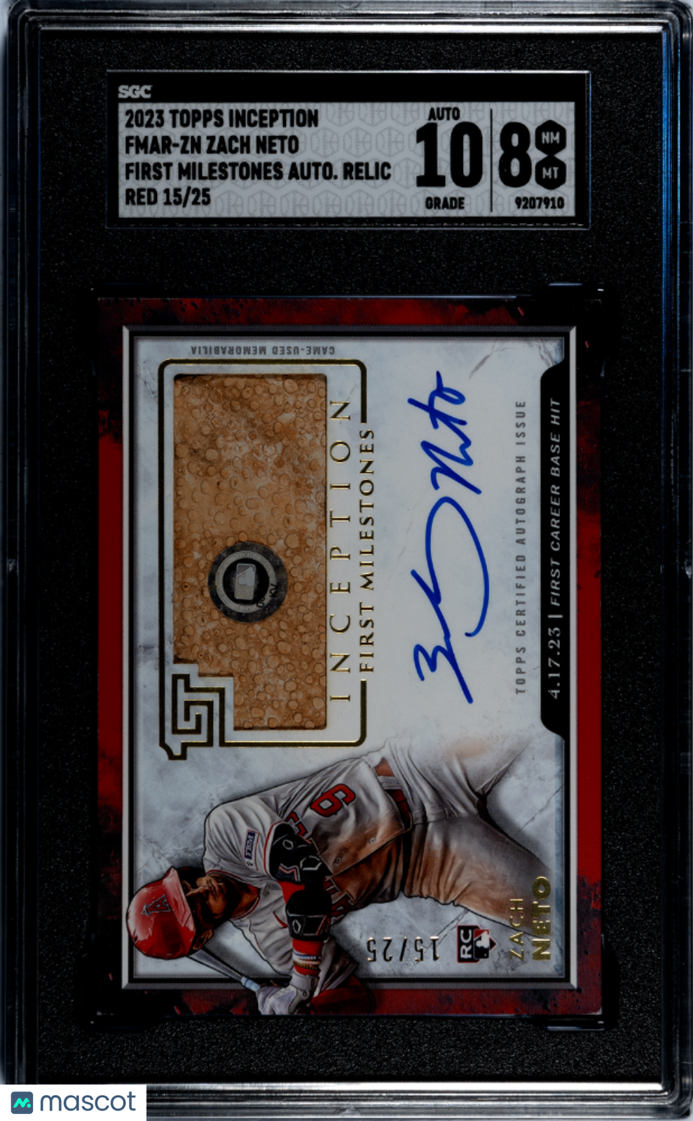 2023 Topps Inception Zach Neto #FMAR-ZN First Auto Relic Red 25 SGC 8 Auto 10